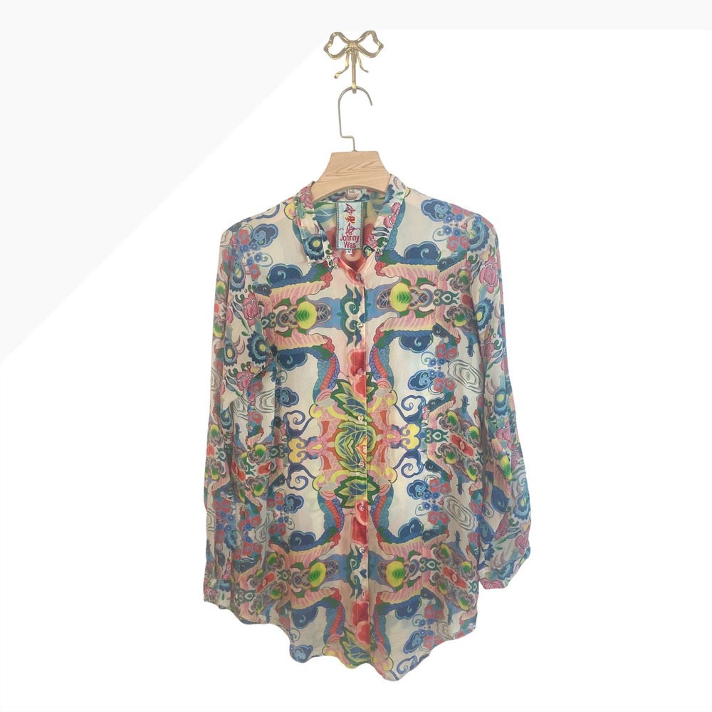 Johnny Was Cupra Rayon Floral Dragon Print Button Down Blouse Multi Color Small